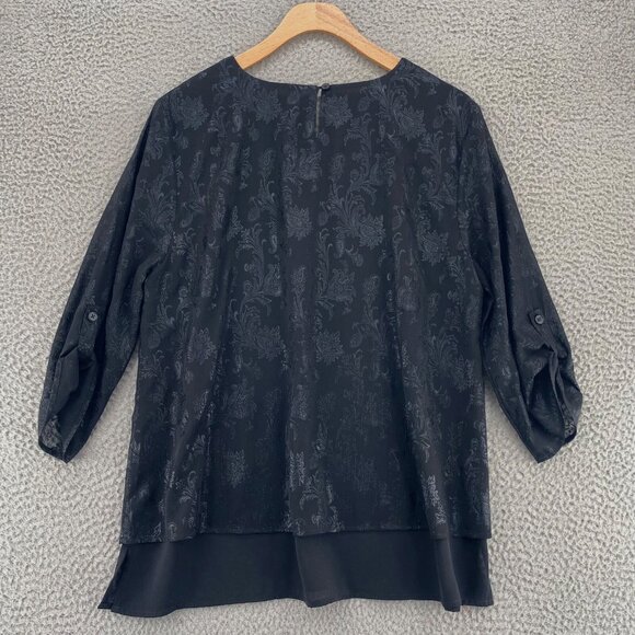 Chicos Top Womens 1 US Medium Black Shimmer Jacquard Layered 3/4 Roll Tab Sleeve - Picture 3 of 10
